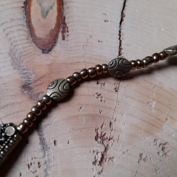 Brass Tone and Black Bib Necklace Rolled Paper Beads Ethnic Boho Tribal - Picture 11 of 14